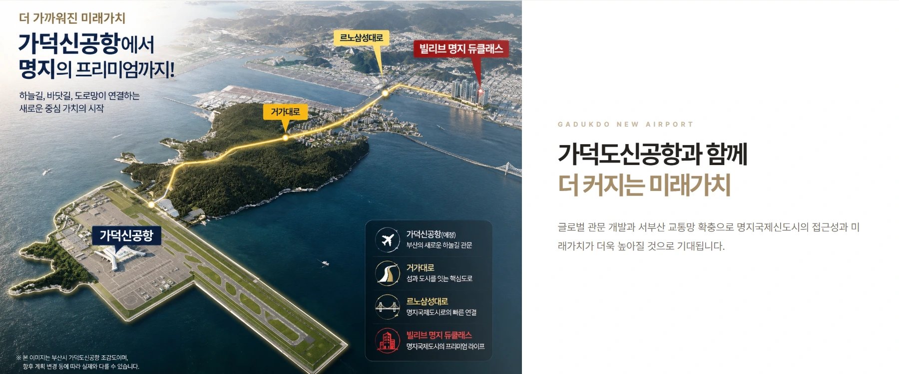 제공된 가덕신공항 조감도: 가덕신공항, 거가대로, 르노삼성대로, 빌리브 명지 듀클래스의 연결 개념